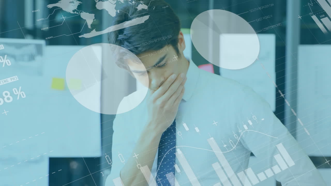 사무실에서 보고서를 보는 사려 깊은 두 인종 사업가에 대한 인포그래픽 인터페이스의 애니메이션