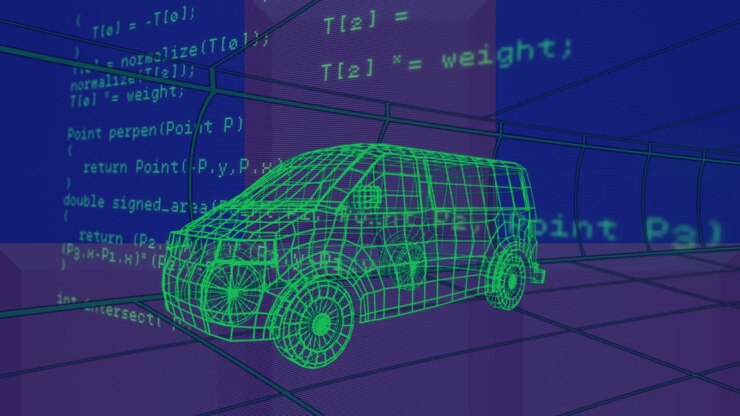 Animation of 3d car drawing driving with data processing over grid