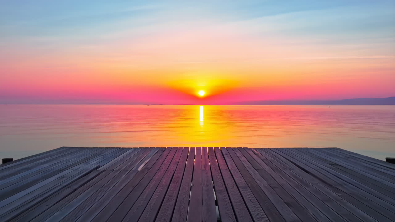 Vibrant Sunset Over Water with Wooden Pier