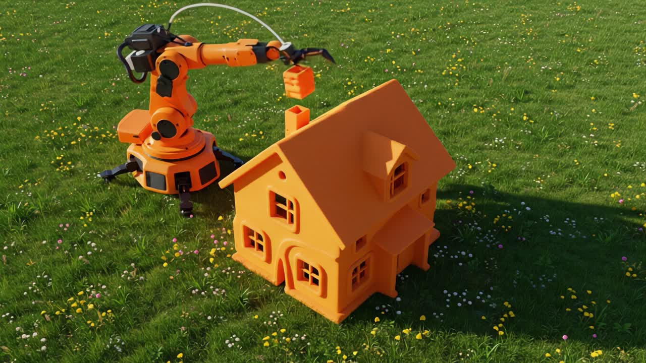 Innovative Robot Arm Engaged in 3D Printing a Bright Orange House Model on a Lush Green Lawn Amidst Colorful Wildflowers Under Clear Blue Skies