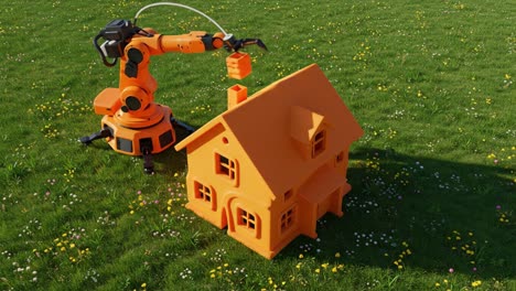 innovative robot arm engaged in 3d printing a bright orange house model on a lush green lawn amidst colorful wildflowers under clear blue skies