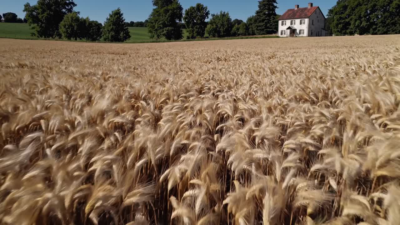 Vidéo aérienne d'un champ de blé doré sous un ciel bleu clair, capturée par un drone à basse altitude.