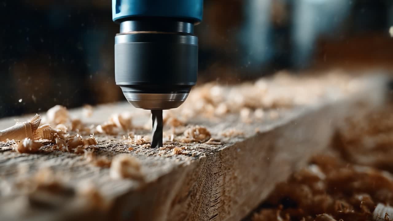 Foratura di precisione nella lavorazione del legno: Catturare l'arte dell'artigianato con un trapano ad alta velocità che crea dettagli squisiti in un ambiente di officina.