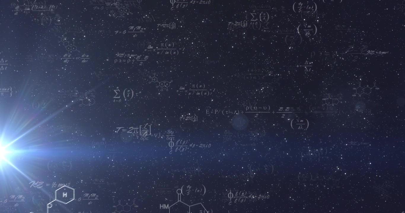 Câmera fazendo panorâmica para a direita enquanto fórmulas se deslocam para dentro e se ampliam, mostrando ligações de matemática e química.