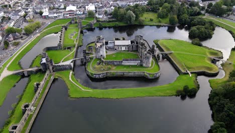 aerial view on medieval caerphilly castle in south wales, united kingdom