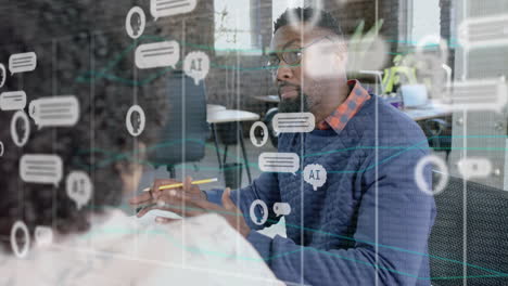 animation of ai chat over diverse colleagues discussing work in office