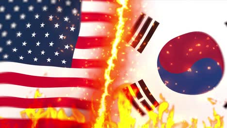 america versus south korea flag on fire loop animation