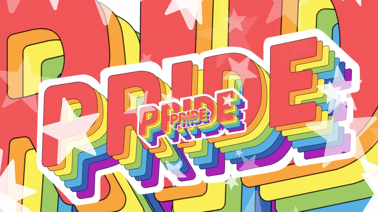 무지개 자부심 텍스트와 함께 떠다니는 별들의 애니메이션