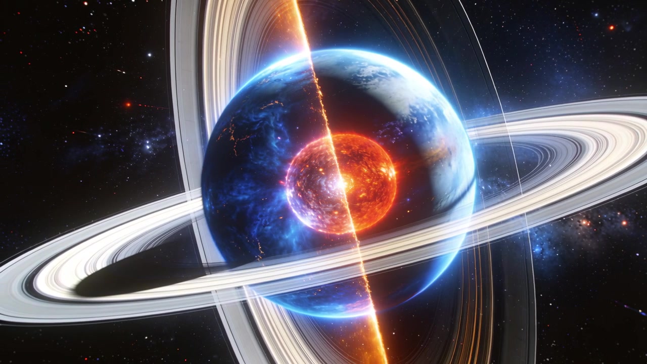 Pianeta singolo con anelli che ruota, rivelando il nucleo dopo uno spostamento della telecamera, con la giuntura che si illumina nello spazio profondo.