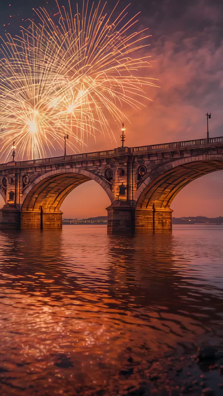 Vertical video: detonating golden fireworks over arch bridge at dusk, reflecting lampposts on river