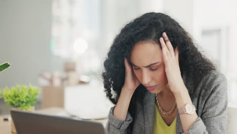 headache, stress and business woman on laptop