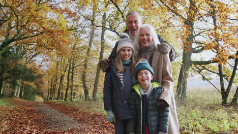 portrait of smiling grandparents walking with grandchildren along path in autumn countryside