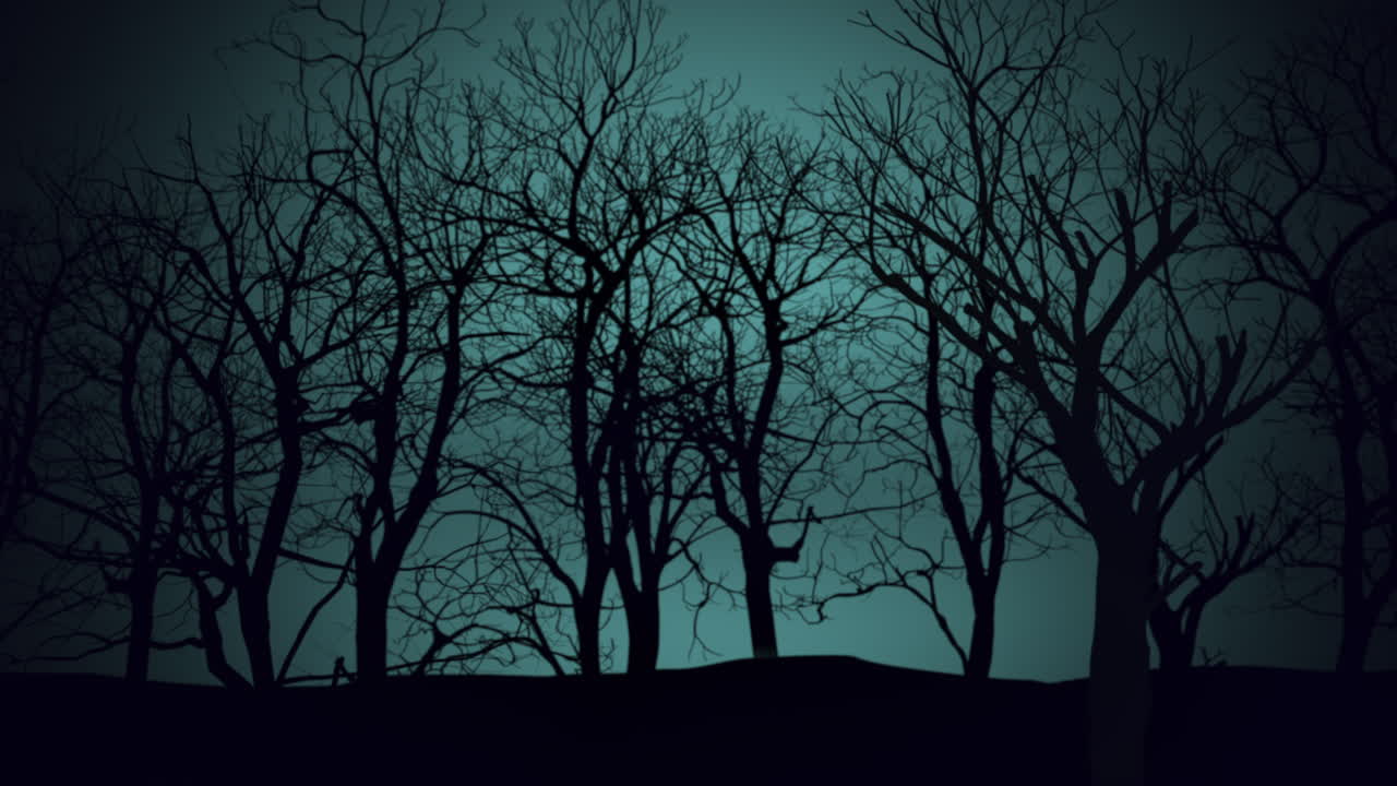 파란 어두운 하늘과 함께 밤에 신비로운 숲