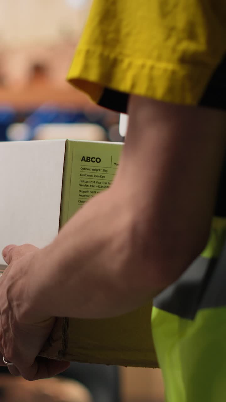 Vertical Video Asian employee using scanner to register shipping labels on cardboard boxes