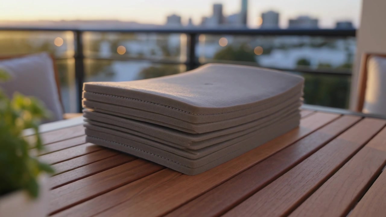 Panning camera revealing stacked gray seat cushions on balcony table, highlighting stitched edges