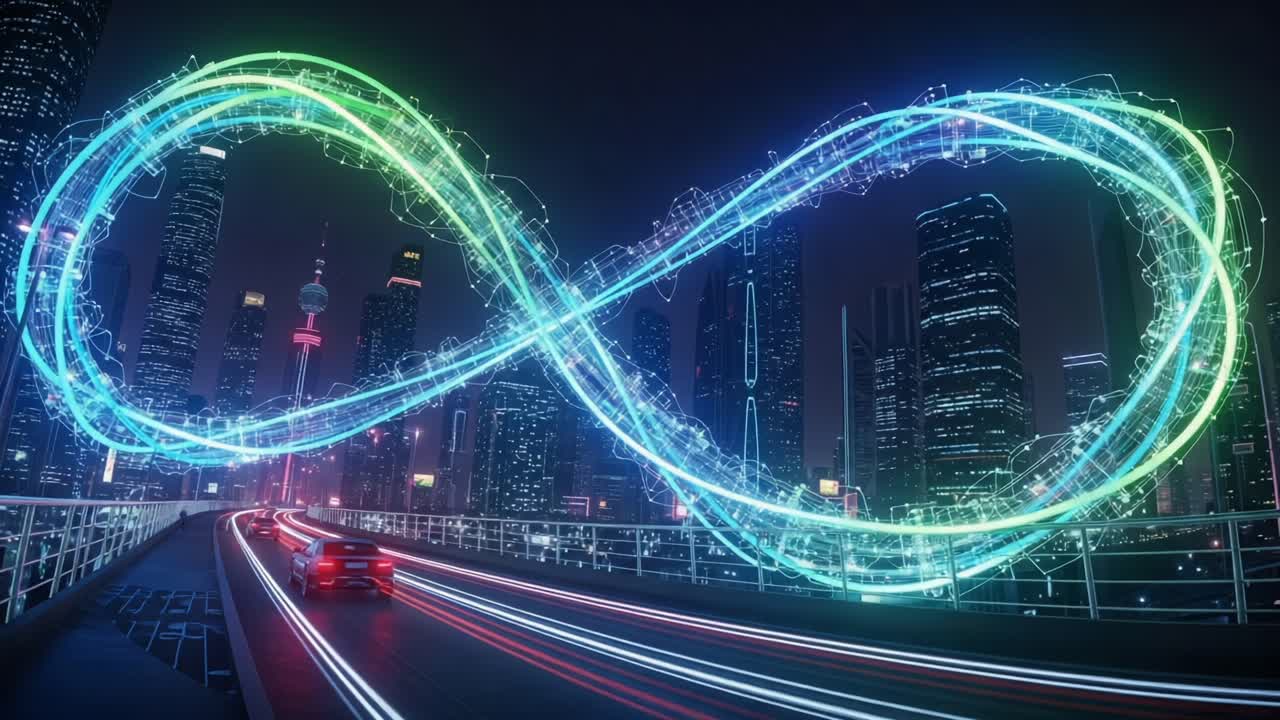 A Captivating View of a Neon Infinity Symbol Illuminating a Modern Cityscape at Night, Expressing Endless Possibilities and Futuristic Urban Aesthetics