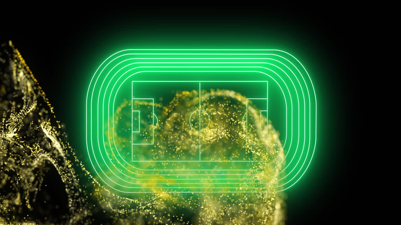 검은 바탕에 네온 녹색 축구장 레이아웃 위에 노란색 디지털 파동의 애니메이션