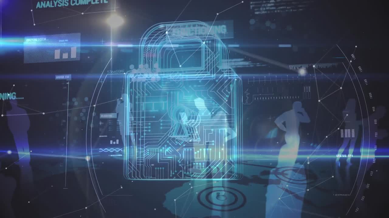 Animation of blue padlock with shadow of people on blue background