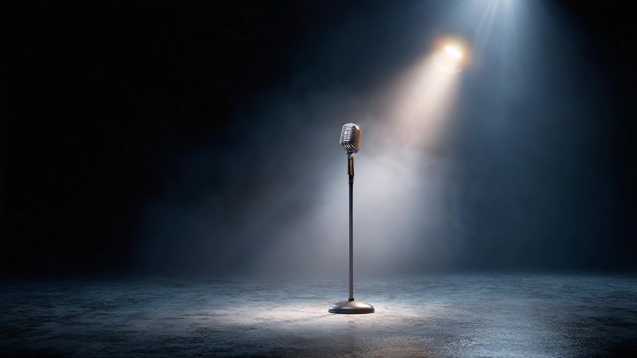 Ein angestrahltes Mikrofon steht allein auf einer Bühne, beleuchtet von dramatischer Beleuchtung, das die Essenz von Performance und künstlerischem Ausdruck in einem leeren Veranstaltungsort einfängt