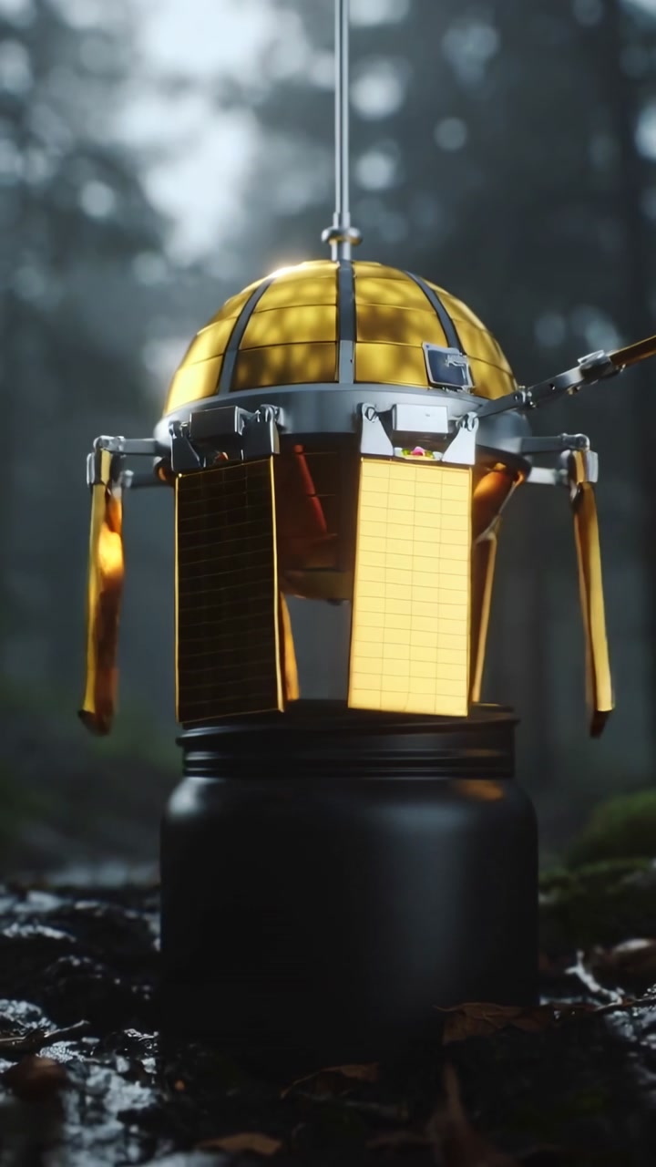 Vertical video: Lowering cable, golden orb unfolding panels above jar in forest, lighting jar mouth