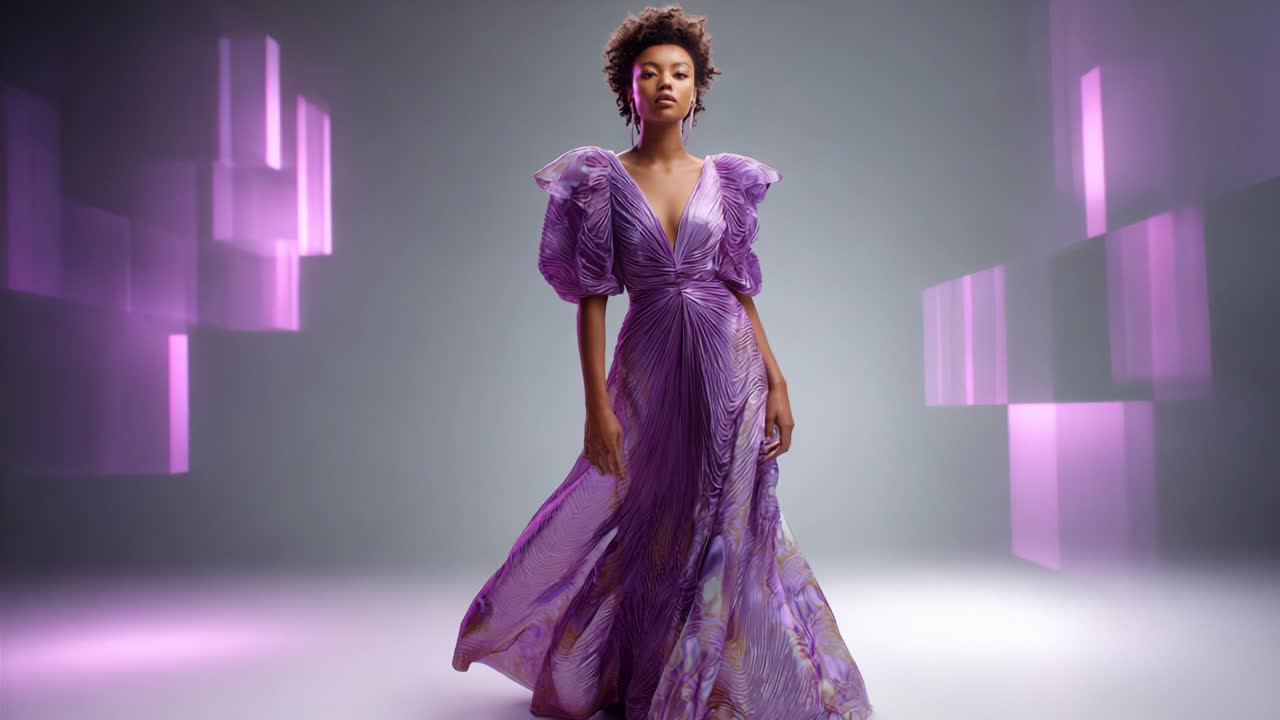 Stunning Fashion Showcase Featuring a Model in an Elegant Purple Dress with Dramatic Puff Sleeves, Capturing the Essence of Contemporary Style Against a Softly Lit Abstract Background