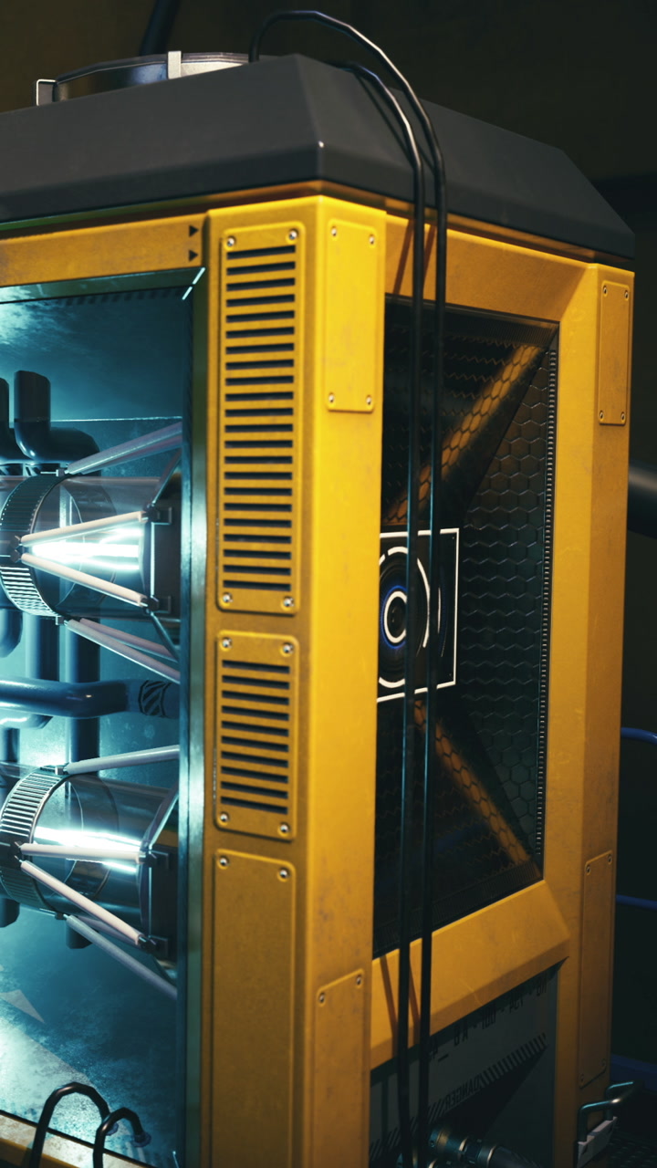 Industrial machine glows with energy in a workshop filled with technology