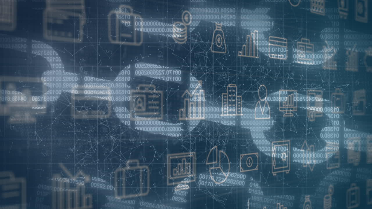 animación de iconos de negocios sobre el procesamiento de datos en fondo negro.