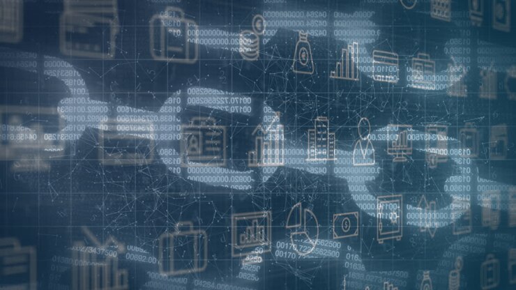 Animation of business icons over data processing on black background