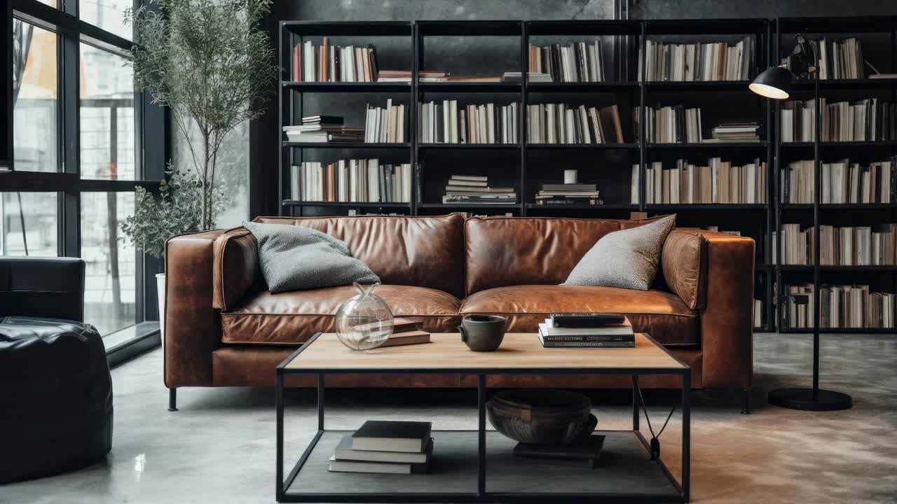 Cozy library lounge with a leather sofa, bookshelves, and a floor lamp