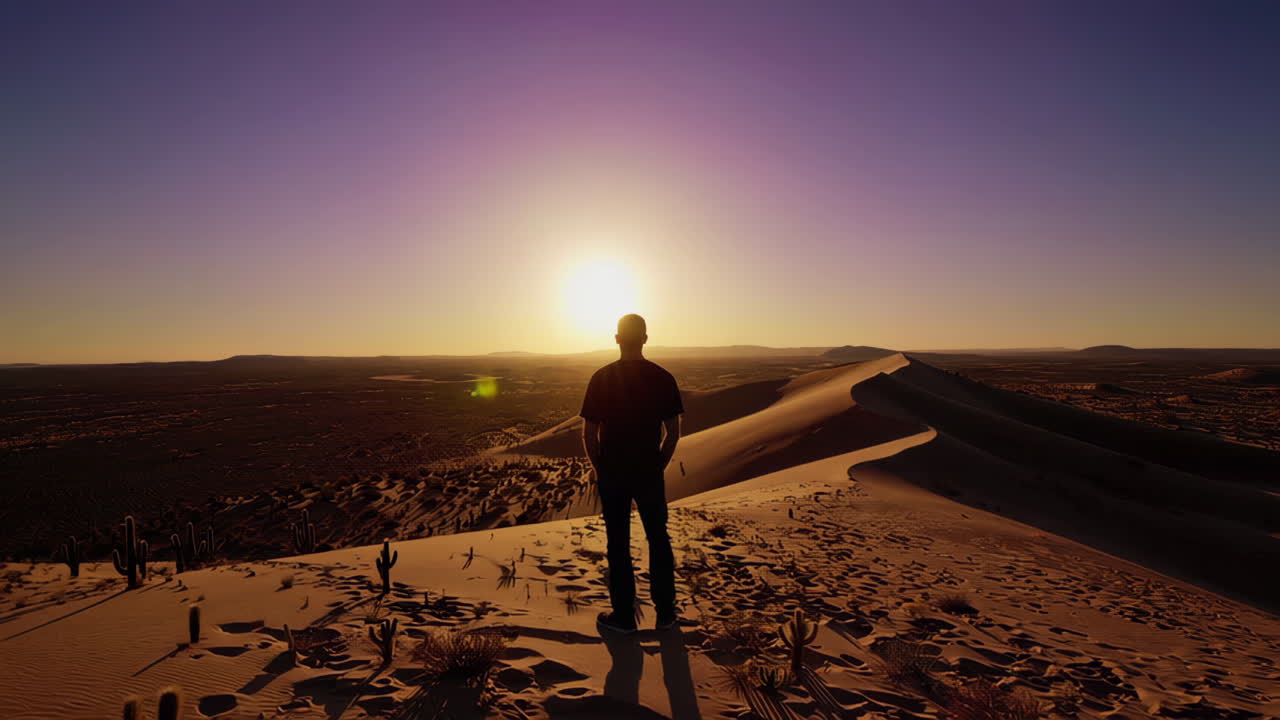 Una figura solitaria su una duna del deserto, in silhouette contro un tramonto vibrante.