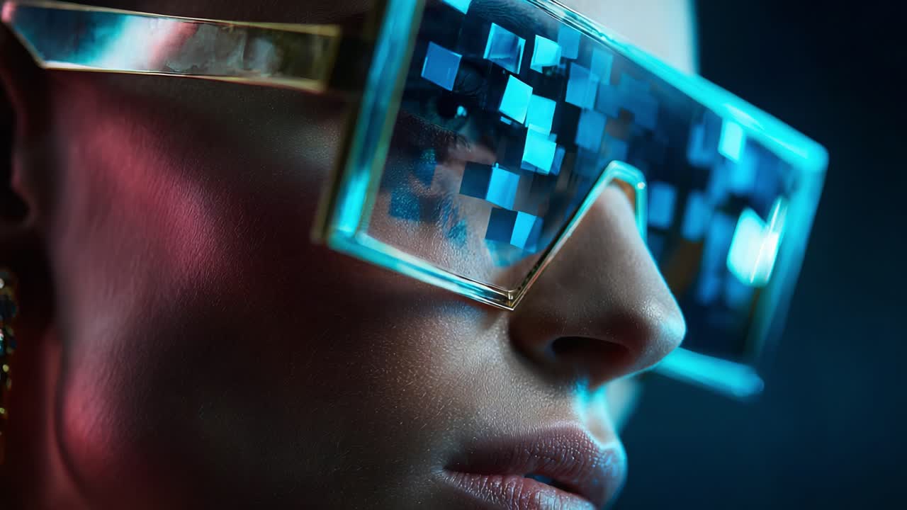 A striking close-up of a stylish individual wearing futuristic pixelated sunglasses, showcasing a unique blend of modern fashion and cutting-edge design, illuminated by vibrant lighting that enhances their features