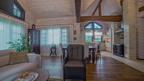 pan shot of across sofa set, dinning table and modern kitchen in a wooden house