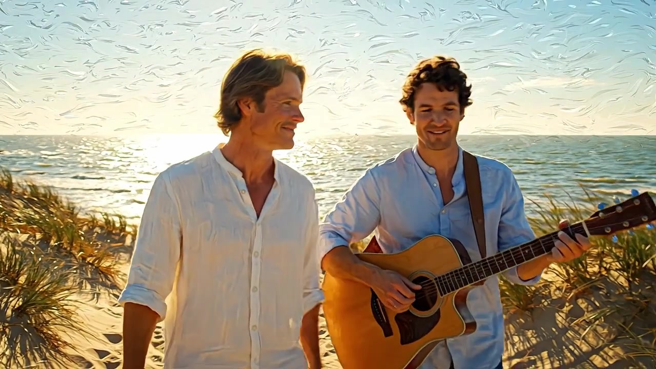 Deux hommes marchant le long d'une plage ensoleillée, l'un jouant de la guitare, capturant un moment de connexion et de joie au milieu de la beauté naturelle de l'océan et du sable.