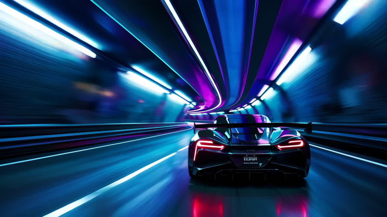 Auto ad alta velocità in un tunnel al neon