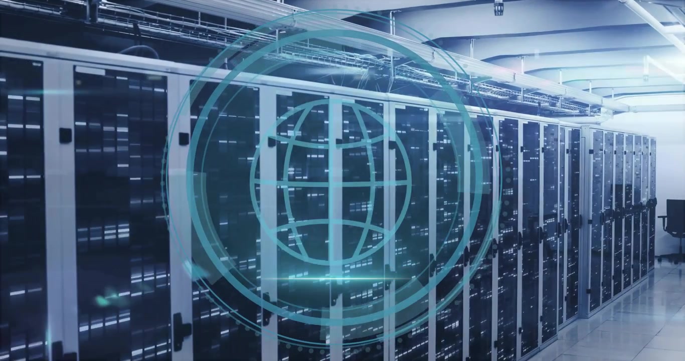 Cyber Security label fading on racks, ring pulsing, beam sweeping, globe rotating securing network