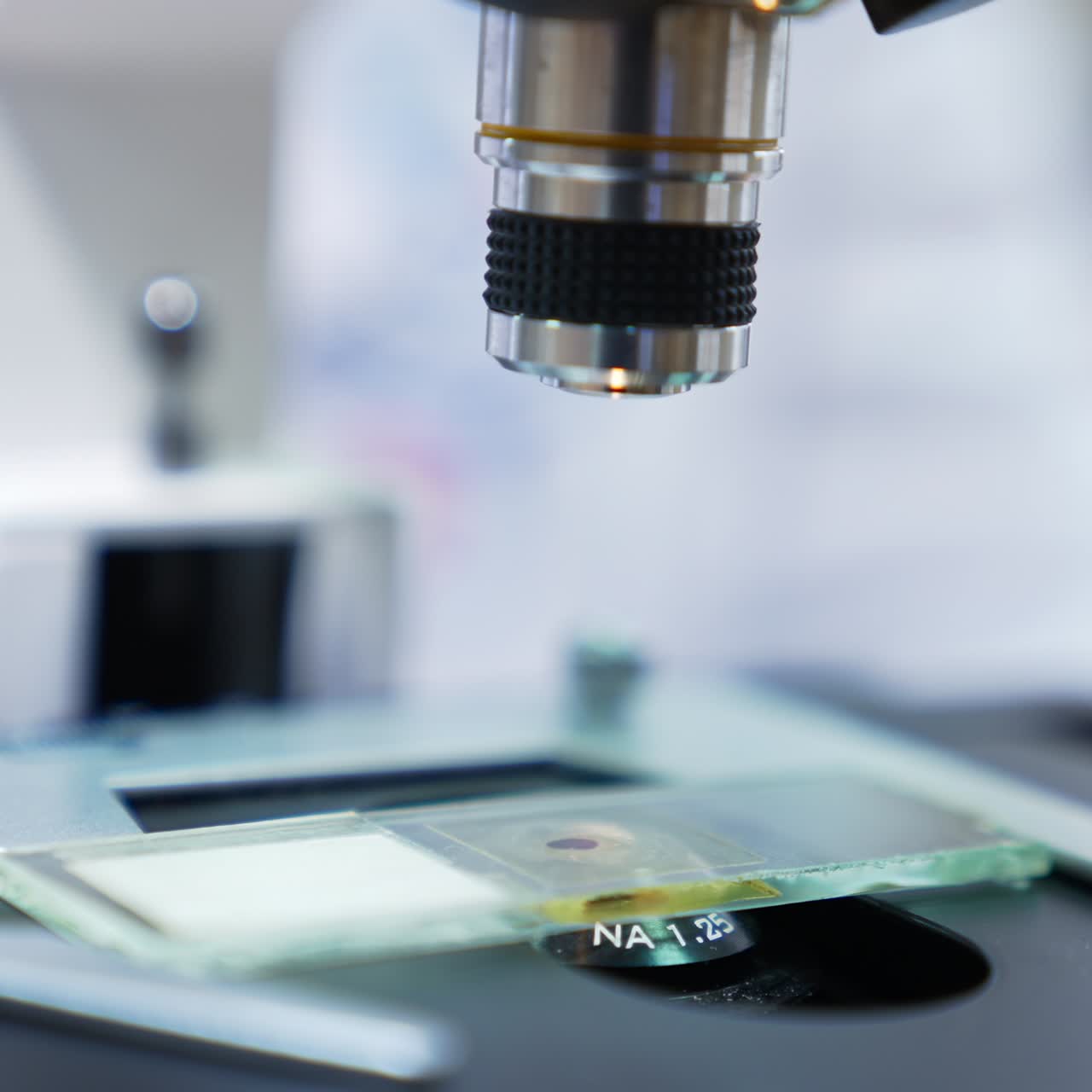 Close up view of microscope researching. Laboratory hospital chemistry experiment