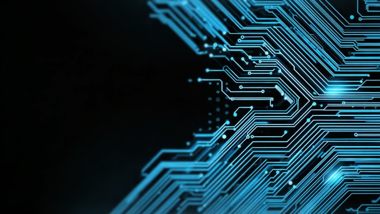 Dynamic Digital Circuitry: Exploring the Intricate Patterns of Blue Lines and Nodes on a Dark Background in a Futuristic Technology Landscape