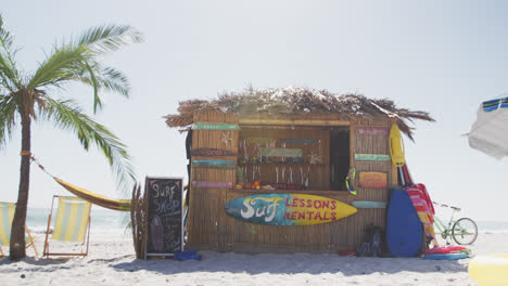 view of a beach with a surf shop and a palm tree with a hammock tied to it