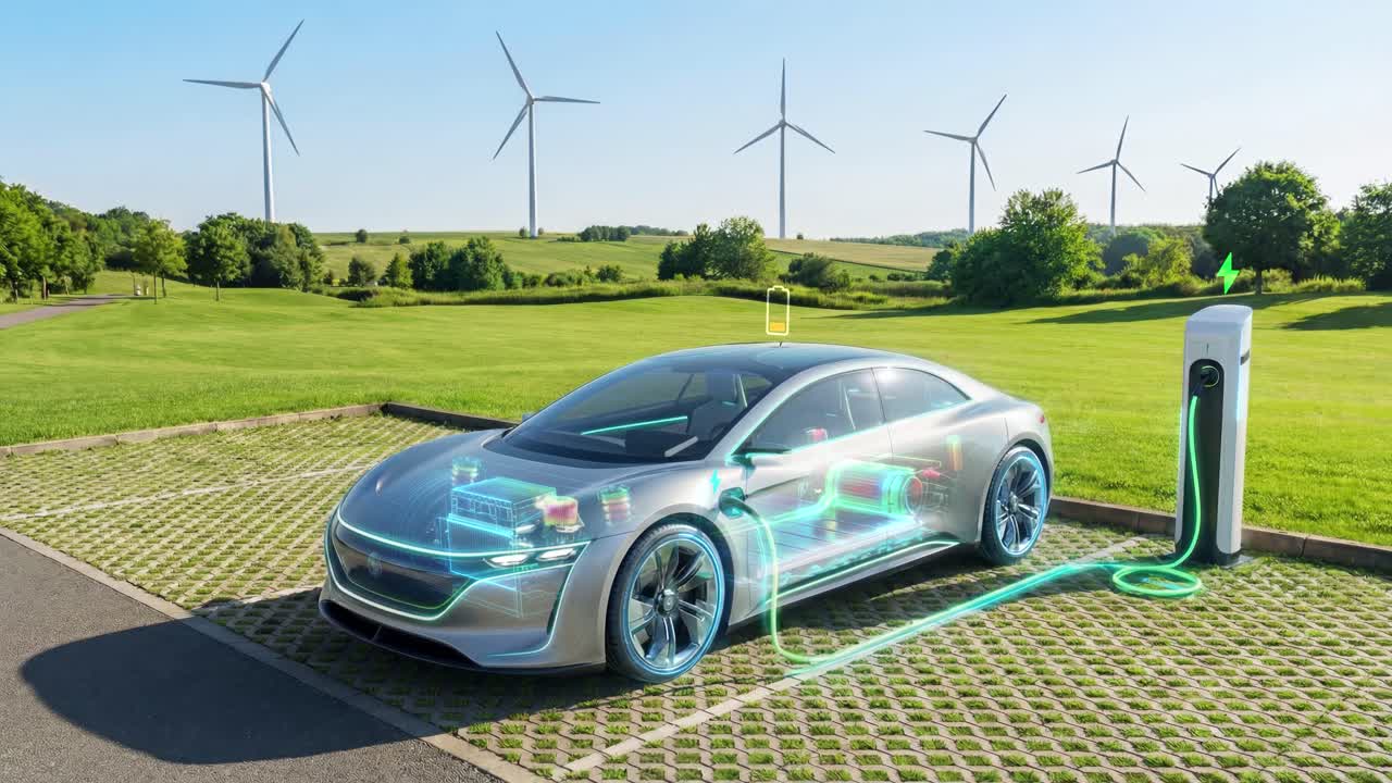 Fütüristik lüks elektrikli sedan araç, rüzgar türbinleri ve X-ışını batarya görselleştirmesi olan bir yenilenebilir enerji istasyonunda şarj oluyor.