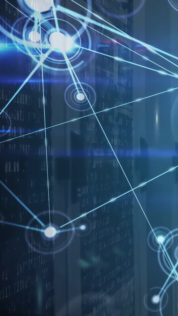 Vertical video: Diagonal light sweeping racks tech network forming nodes and linking into HUD mesh