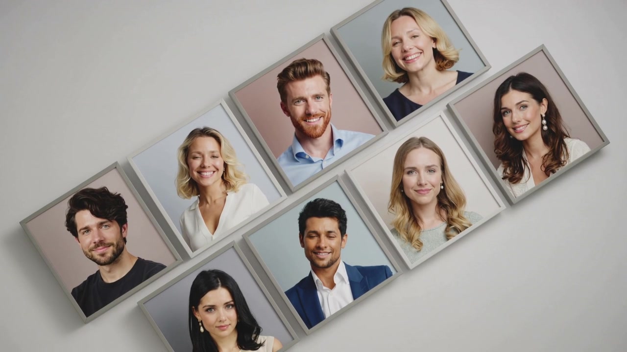 Nove painéis de retrato se deslocando e girando em uma parede clara após a mudança, alinhando-se, usando ternos.