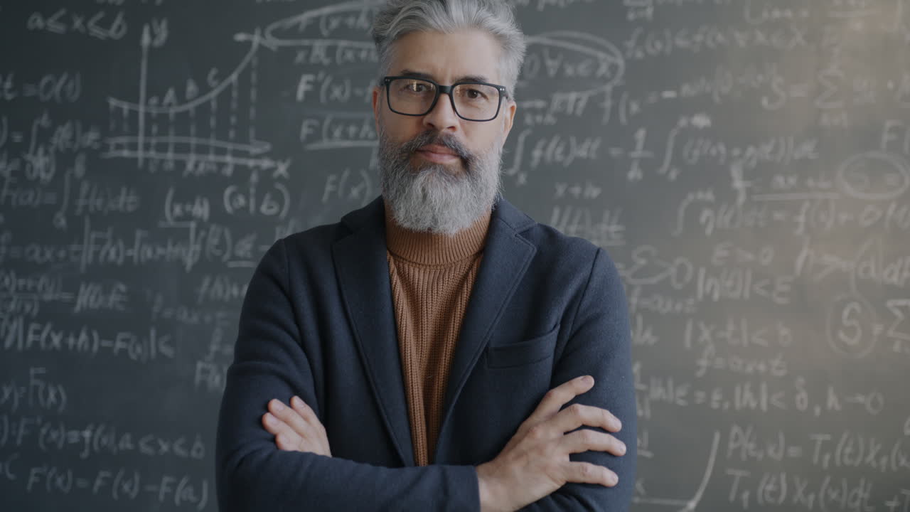 Teacher in front of a chalkboard with equations