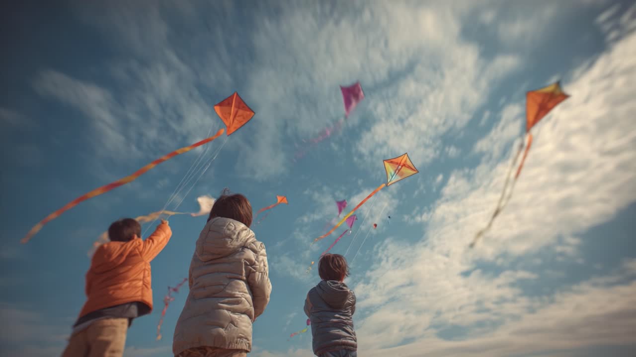 Children Joyfully Flying Colorful Kites Under a Bright Sky: A Beautiful Day of Play and Adventure Captured in Two Moments