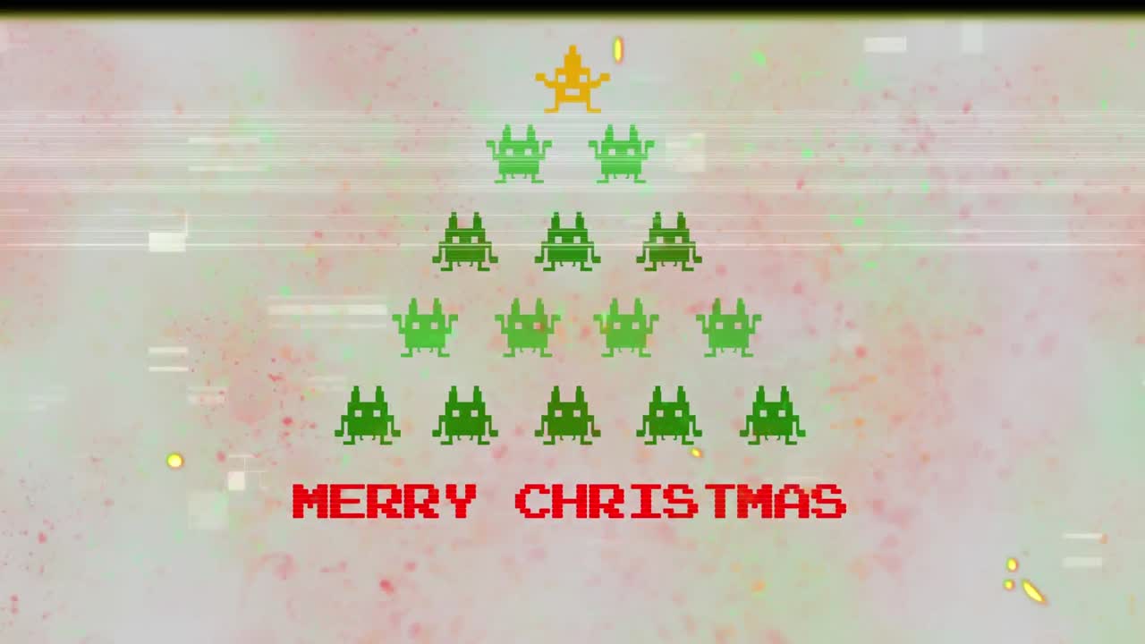 비디오 게임 크리스마스 트리를 상대로 메리 크리스마스 텍스트