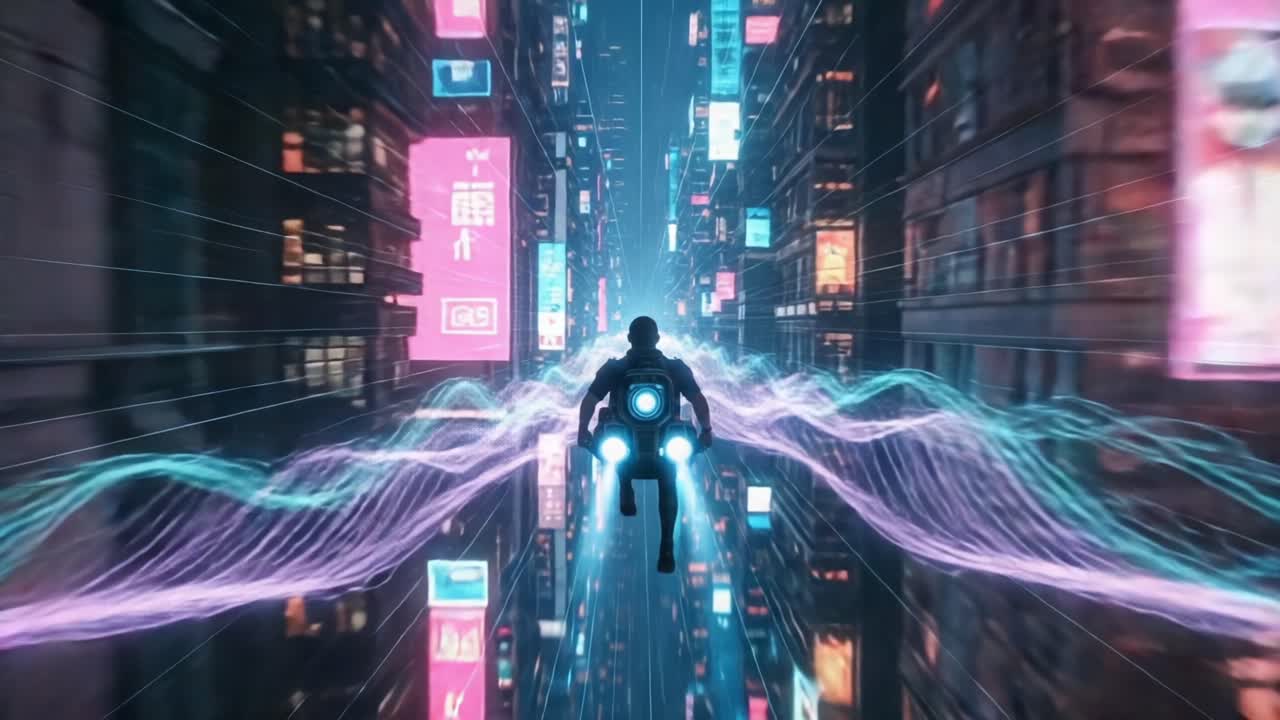 A Futuristic Journey Through Neon Cityscapes: Exploring the Vivid Illumination and High-Speed Movement in a Dynamic Digital Environment