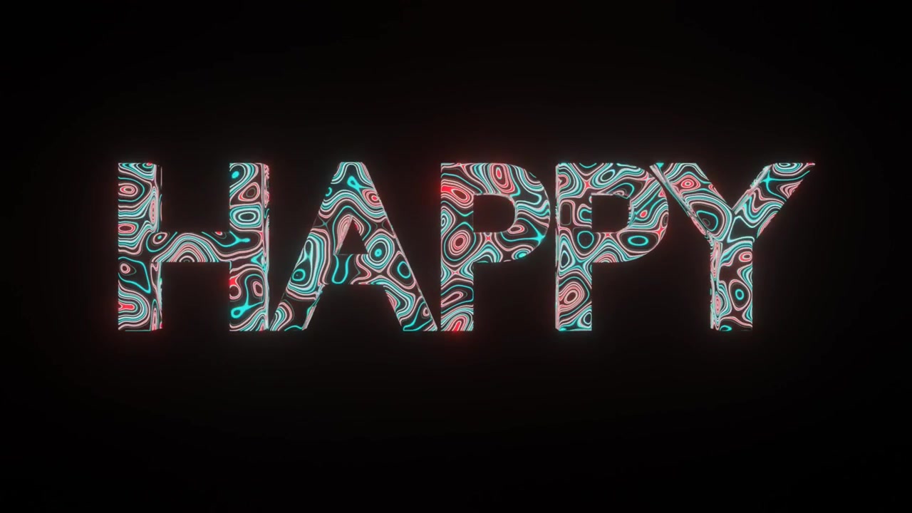 Animazione video 4K di una bellissima formazione di texture o motivo sul testo HAPPY, isolato su sfondo nero. Animazione astratta in loop con rendering 3D ed effetto luce al neon sulla lettera HAPPY.