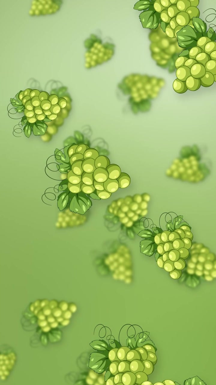 Grappoli d'uva verdi stilizzati cadono verticalmente con un delicato effetto bokeh su sfondo verde