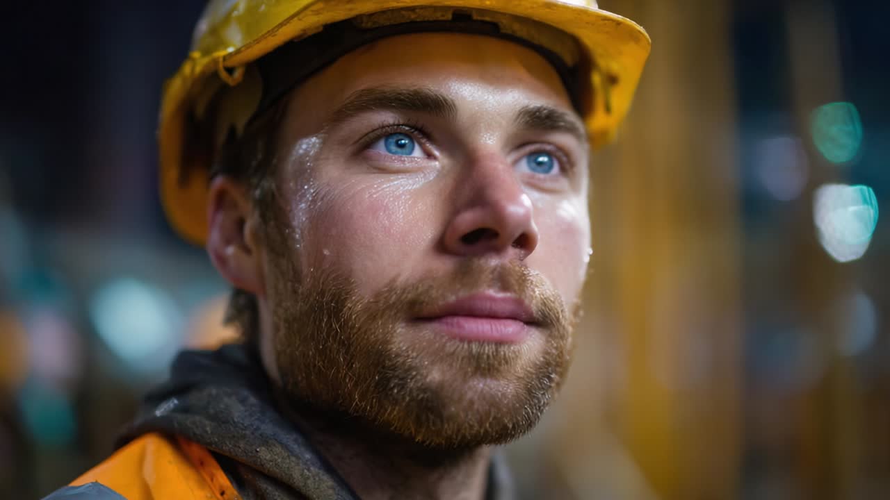 A Close-Up of a Young Construction Worker with Striking Blue Eyes and a Determined Expression, Wearing a Hard Hat and Work Gear, Capturing the Essence of Hard Work and Professional Dedication in the Construction Industry