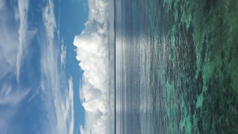 Aerial-view-over-shallow-sea-and-through-palm-trees,-on-Lifou-island---reverse,-drone-shot