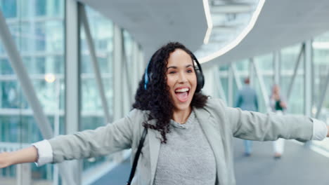 headphones, dancing or businesswoman in office